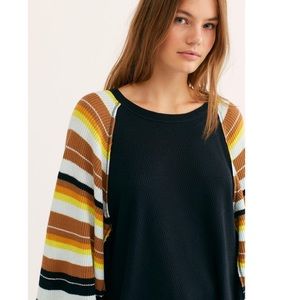 NWOT Free People Rainbow Dreams Striped Balloon Sleeve Top - Black - Small